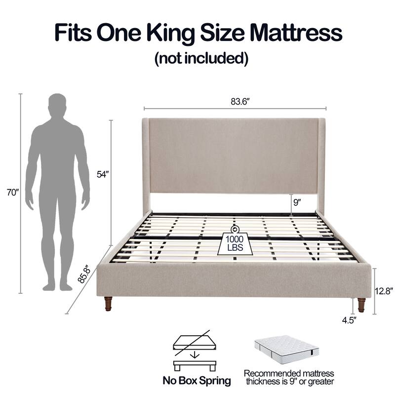 Modern Upholstered Platform Bed with Wingback Headboard