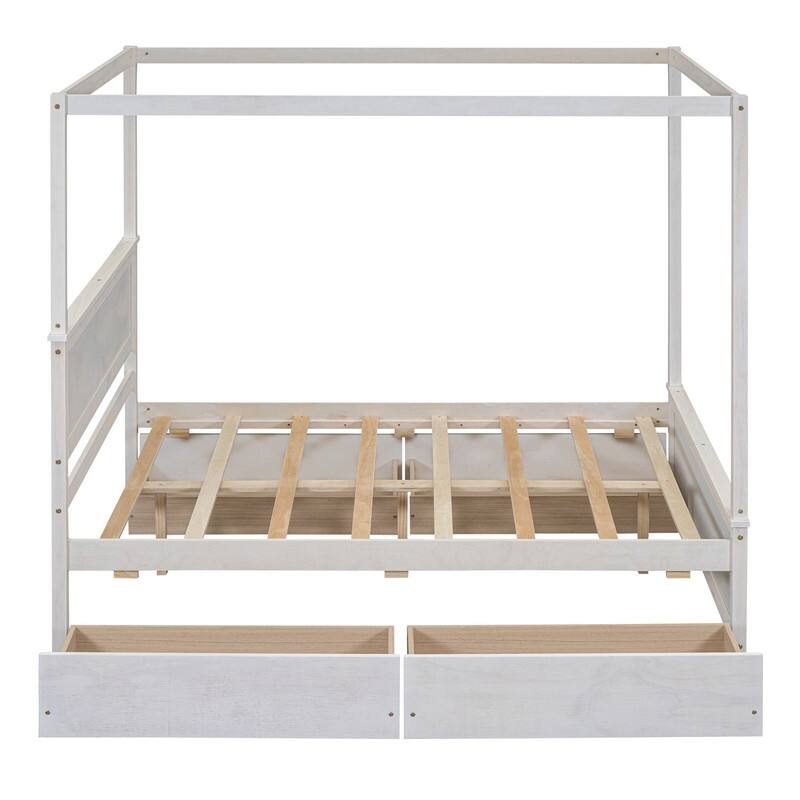 Full Size Wood Canopy Bed with 4 Drawers