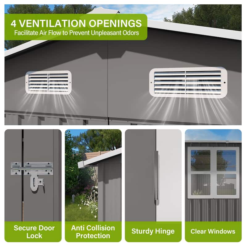 10x14 FT Outdoor Metal Storage Shed, Durable Garden Shed with Three Lockable Doors and Clear Window, All-Weather Shelter