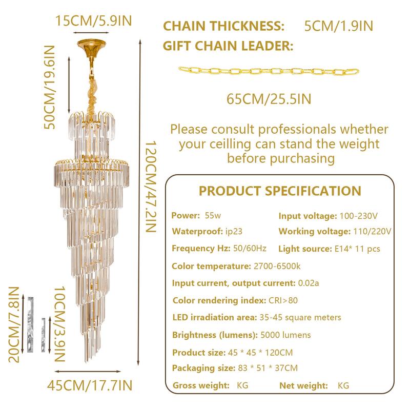 Extra Large Long Grand Spiral Crystal Chandelier Ceiling LED Tiered Pendant Light with Gold Frame