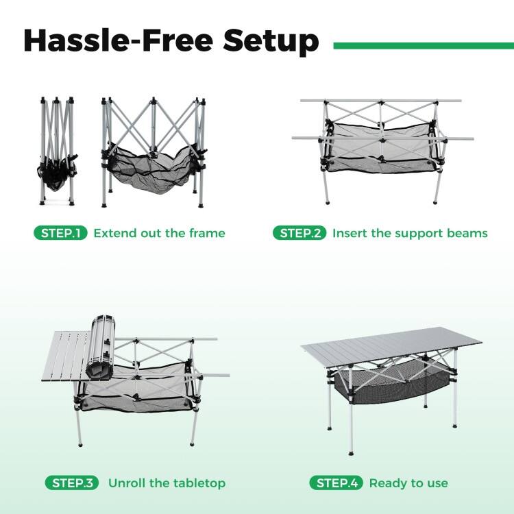 Aluminum Patio Folding Camping Table with Bag and Mesh Basket - 47" x 22" x 27" (L x W x H)