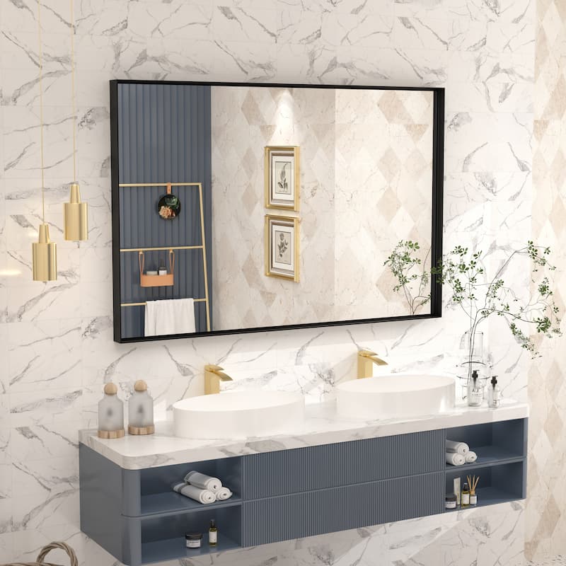 Full Size Metal Frame Wall Mirror Black Tempered Glass for Bathroom