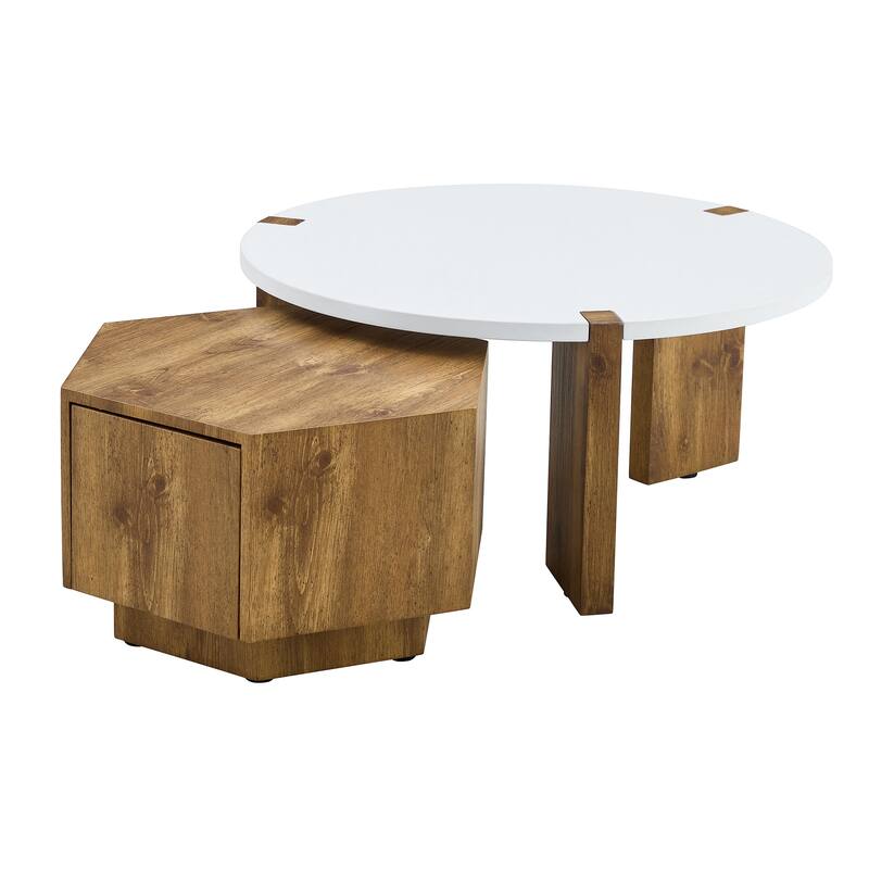 2-Piece Exquisite Coffee Table Set, Lncludes Round Coffee Table and Hexagonal Tea Table with Storage for Living Room