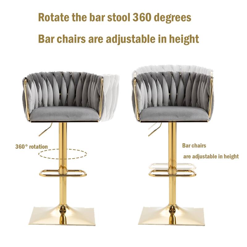 Vintage Velvet Bar Stools with Back and Footrest 2PC/SET,Adjusatble Seat Height from 25.6-32.68 Inch