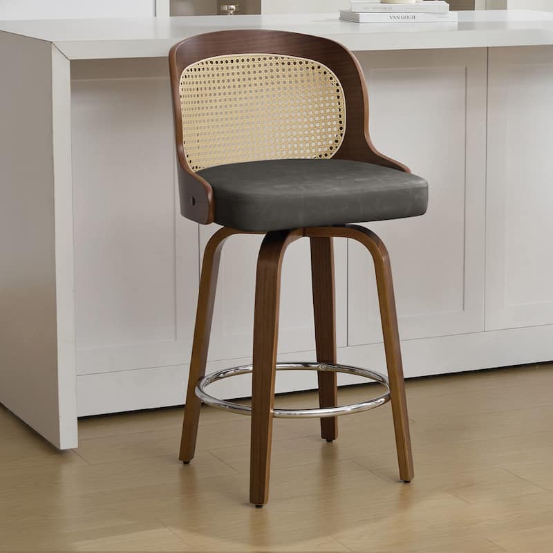 26" Upholstered Swivel Counter & Bar Stool with Rattan Back - 37.4"H x 19.09"W x 19.88"D - Single - Grey