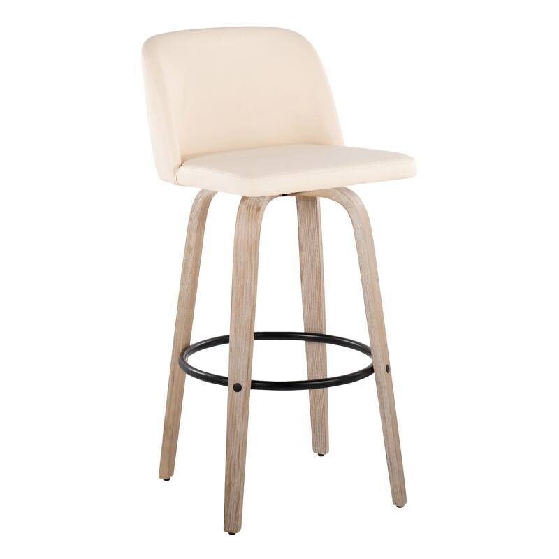 The Gray Barn Vallberga 30" Fixed-Height Bar Stool with White Washed Wood Base (Set of 2) - Cream Faux Leather/Round Black Footrest