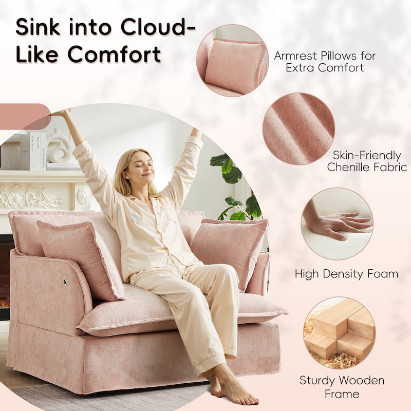 Chenille Armchair, Accent Chair with Dual-Port Charging and Throw Pillows, Modern Deep Wide Seat Design Cloud-Like Single Sofa