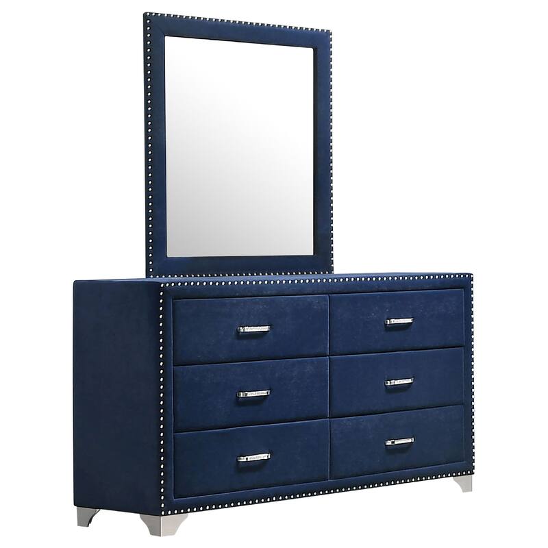Giya Wide Dresser with Rectangular Rivet Trim Mirror, Navy Blue Velvet