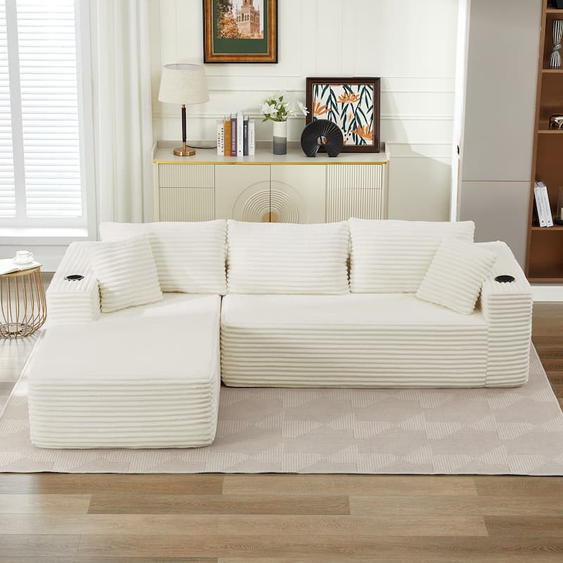 Upholstered L-Shaped Full Foam Sectional Sofa Couch Chaise with Pillows, No Assembly Required - Beige