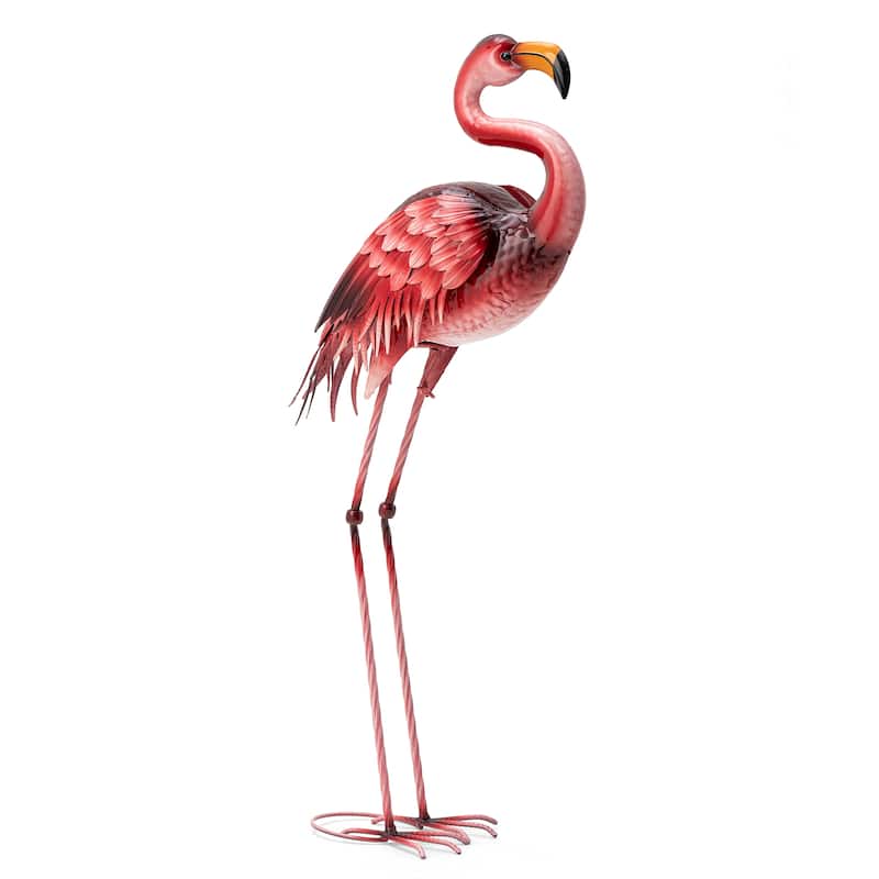 Glitzhome Metal Standing Crane Flamingo Garden Statue with Stakes Yard Art Sculpture Porch Decor