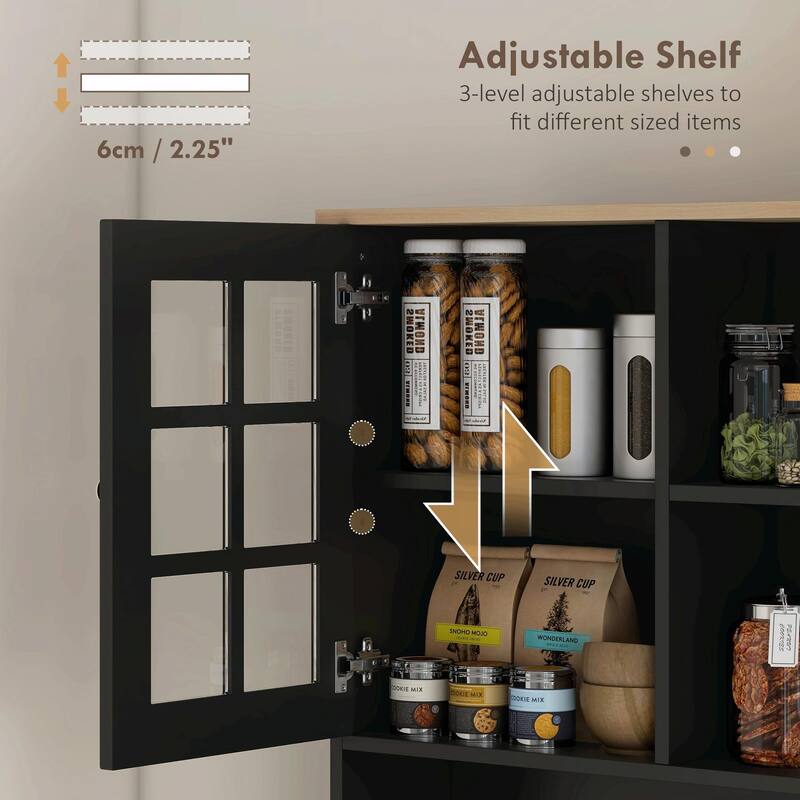 72" Freestanding Kitchen Pantry Cabinet with Hutch, Large Countertop, Glass Doors, and Adjustable Shelves