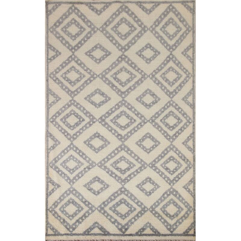 Hand Knotted Oriental 100% Wool Carpet Modern Geometric Beige & Ivories Moroccan Area Rug - 7' 8'' X 5' 3''