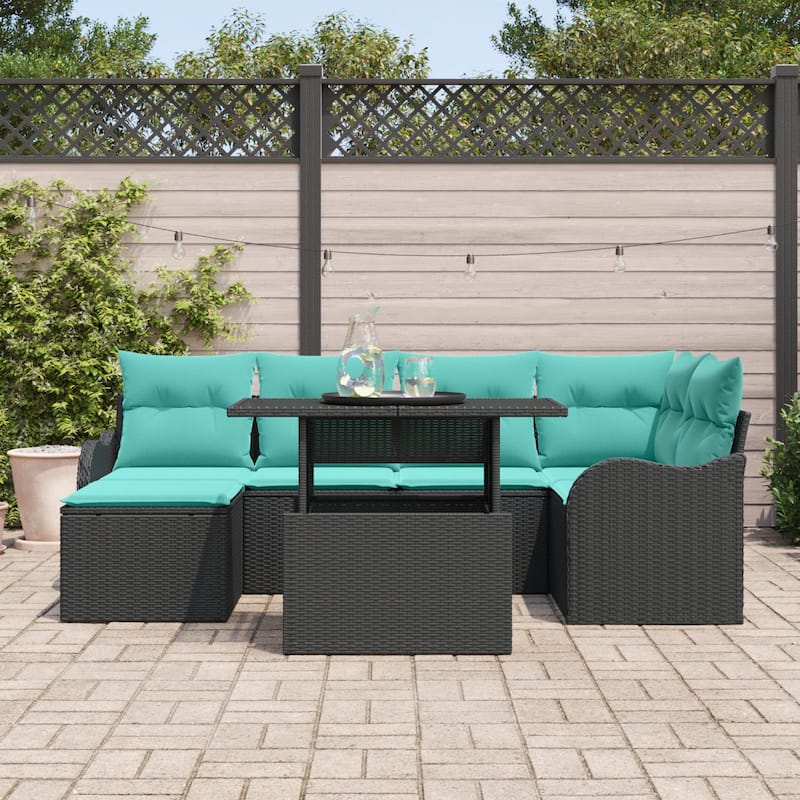 vidaXL 7 Piece Garden Sofa Set with Cushions Black Poly Rattan - 91.5×46.1×27.2