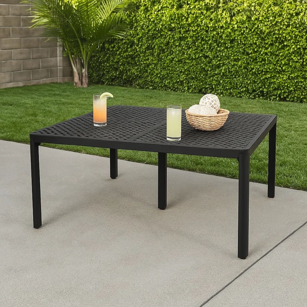 Riley Outdoor Dining Table, Square 61 Inch Matte Black Metal Lattice