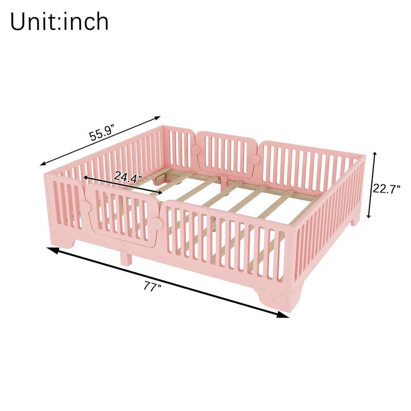 Montessori Floor Bed with Detachable Door, No Box Spring Needed, Kids Platform Bed with Slats and Fence