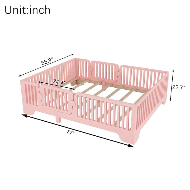 Montessori Floor Bed with Fence and Door, Kids Floor Bed Frame with Slats, No Box Spring Needed