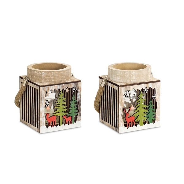 Set of 6 Brown and Green Wooden Decorative Winter Scene Lanterns 7" - N/A