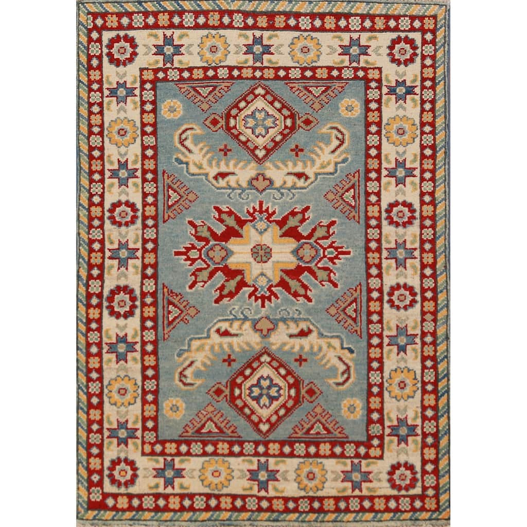 Light Blue Kazak Foyer Rug Hand-Knotted Wool Carpet - 2'8"x 3'9"