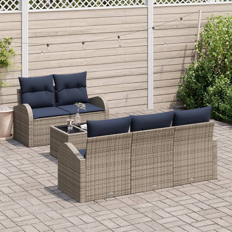 vidaXL 6 Garden Sofa Set with Cushions Black/Brown/Grey Poly Rattan - 70.5 x 24.4 x 27.2