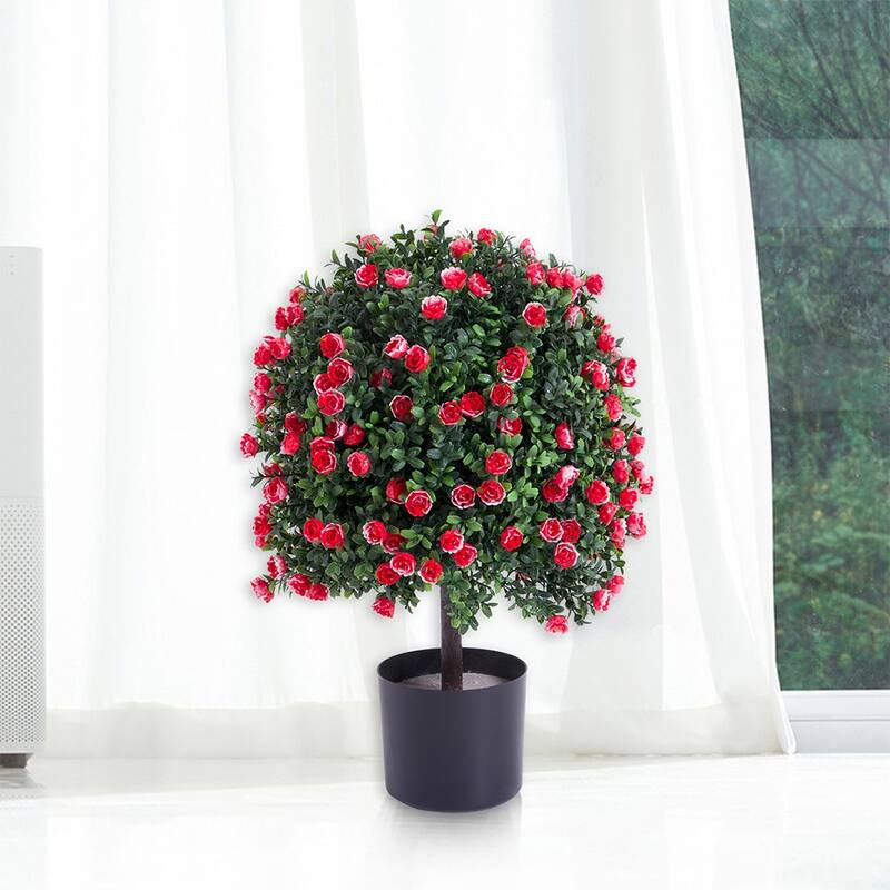 2 pcs Potted Artificial Boxwood Rose Topiary Ball Tree for Porch Garden Backyard - 21.65"