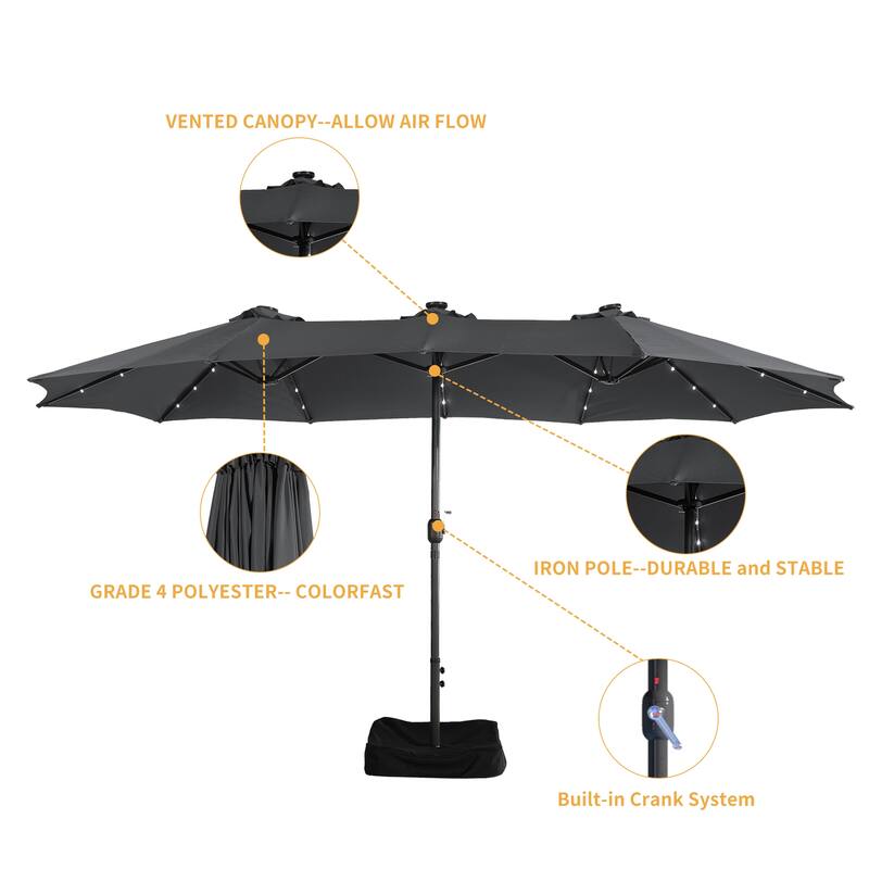 Clihome 15FT Double-Sided Solar Light Market Crank Umbrella with Base