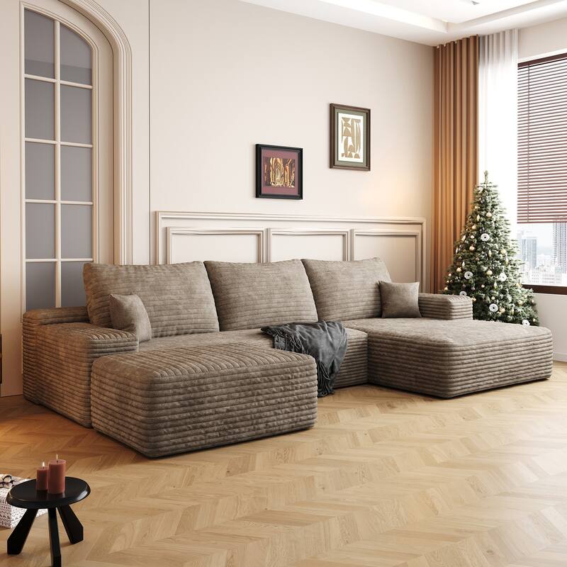 Sofa 107-in Casual Camel 3 -seater Right Reclining Sectional with 1 Ottoman - 8' x 10'