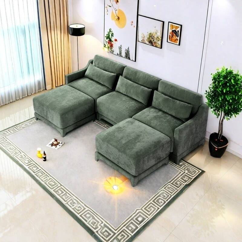 Modern Chenille 4-Seater Sofa with 2 Ottoman, Lumbar Cushions, Ergonomic Backrest, High-Resilience Spongeand Tufted Armrests - 3 Seater with 2 Ottoman Green