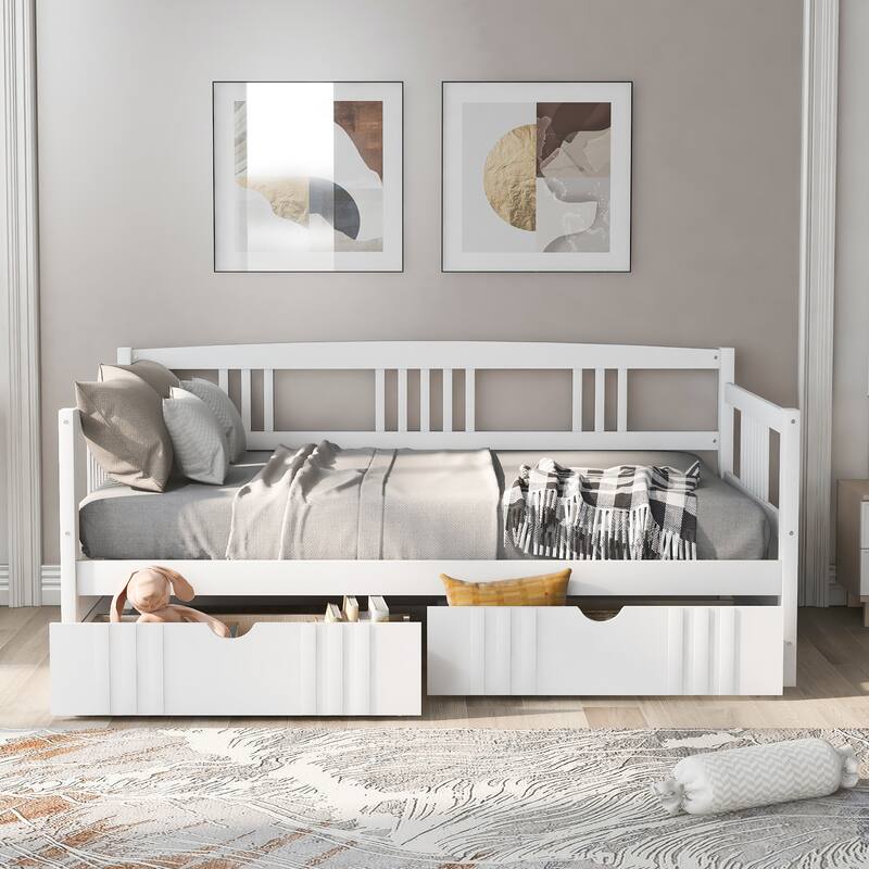 Daybed with Two Drawers, Solid Wood Frame, Guardrails, No Box Spring Needed - White - Twin