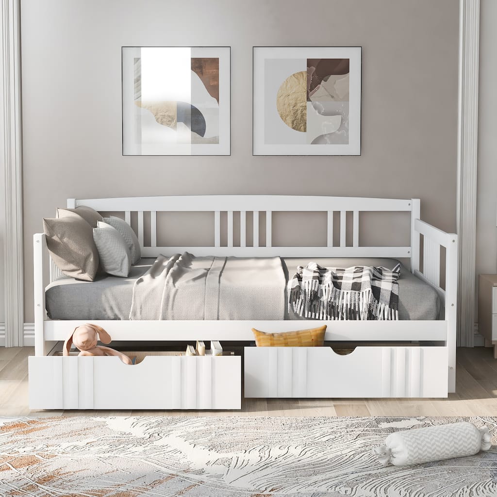Daybed with Two Drawers, Solid Wood Frame, Guardrails, No Box Spring Needed