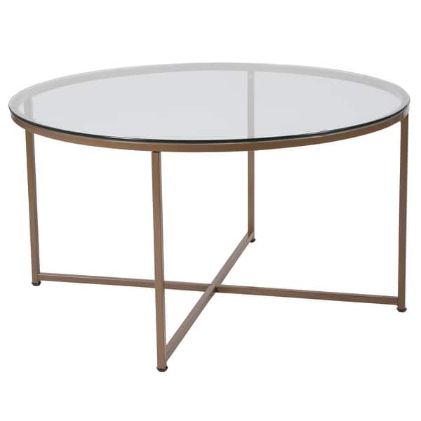 Round Glass Coffee Table With Cross Brace Matte Gold Frame Accent Table On Sale Overstock 27976193