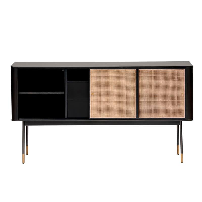 HomeRoots 59" Black And Natural Wood Two Drawer Sideboard with Two Sliding Doors - 59.06 in. x 31.89 in. x 18.51 in.