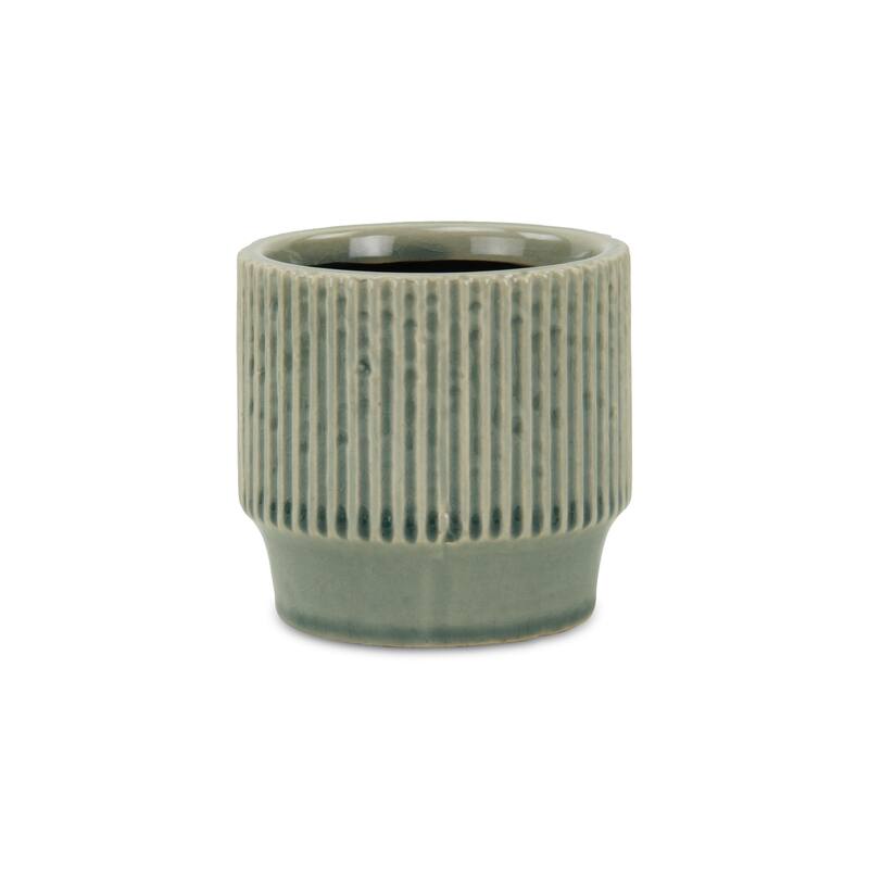 HomeRoots Green Ceramic 35 Ounce Striped Round Distressed Pot Planter - 4.25 in. x 4.00 in. x 4.25 in.