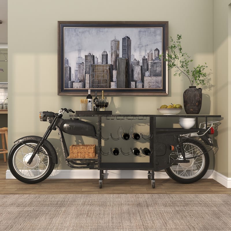 Black Metal Handmade One-of-a-Kind Reclaimed Motorcycle Bar with Light Up Headlights and Taillights - 105 x 18 x 38