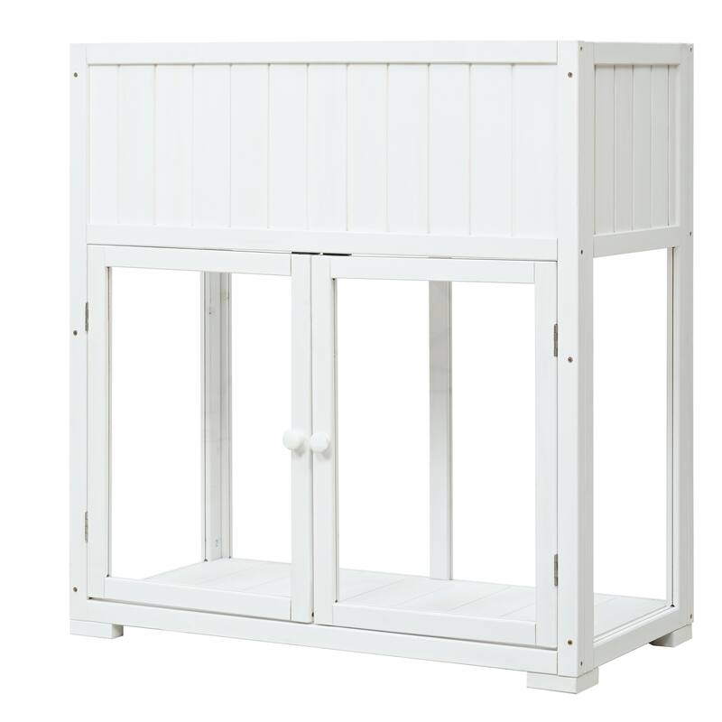 Mini Wooden Cold Frame, Compact 2 Doors Greenhouse with Raised Bed and Wheels, Outdoor Wood Planter with Drainage