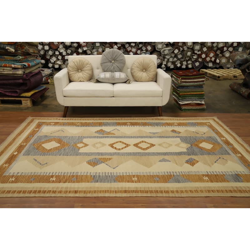 Hand Woven Oriental 100% Wool Carpet Southwestern Tribal Beige & Ivories Kilim Area Rug - 9' 1'' X 5' 11''