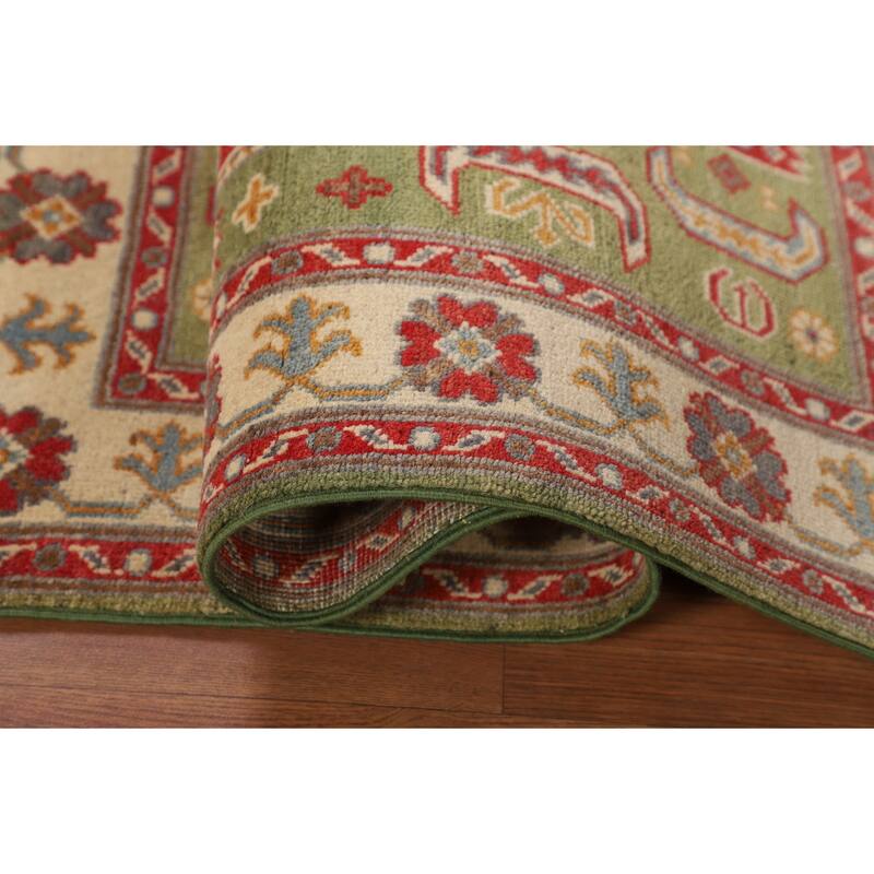 Light Green Geometric Kazak Accent Rug Handmade Wool Carpet - 3'4" x 4'7"