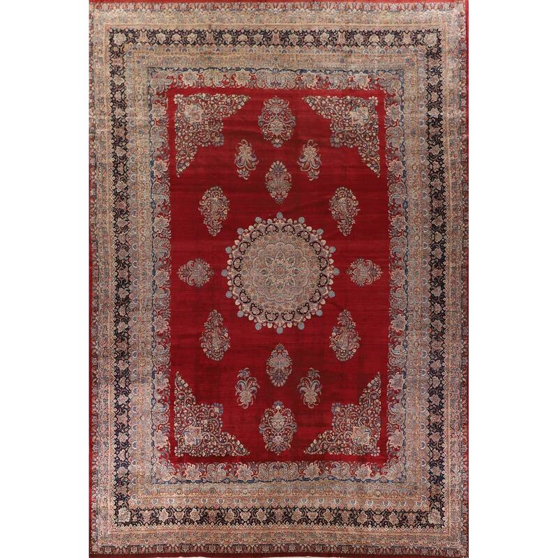 Pre-1900 Antique Kerman Ravar Persian Large Red Handmade Wool Carpet - 14'2"x 19'0"