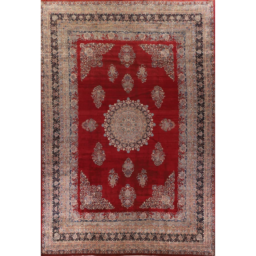 Pre-1900 Antique Kerman Ravar Persian Large Red Handmade Wool Carpet - 14'2"x 19'0"