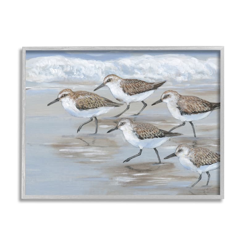 Stupell Sandpiper Bird Flock Marching Beach Coast Waves Framed Wall Art - Blue - 14 x 11 - Grey