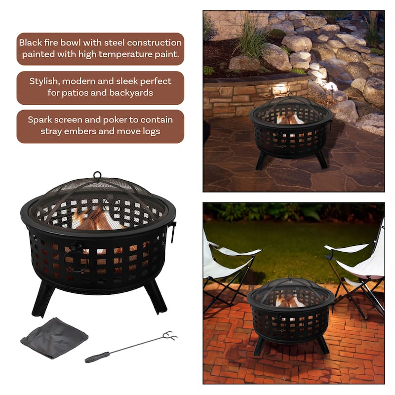 Fire Pit Set, Wood Burning Pit - Includes Spark Screen and Log Poker 26" Round Metal Firepit by Pure Garden - 26 x 26 x 24