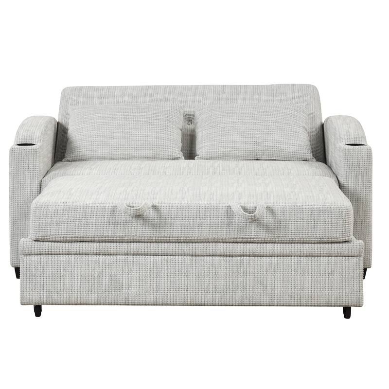 61.6" Pull Out Sofa Bed with Adjustable Backrest, 2 Pillows, Cup Holders & USB Ports, White Gray, Chenille