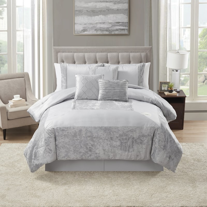 Sweet Home Collection 7 Piece Luna Crushed Velvet Elegant Bedding Set - Gray - Queen