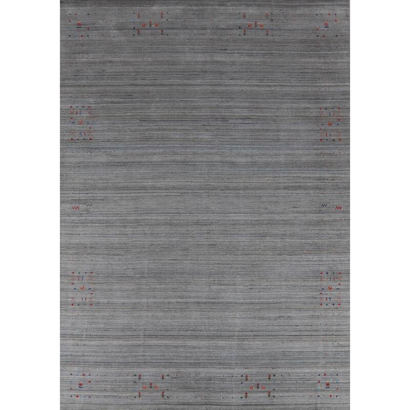 Hand Knotted Oriental 100% Wool Carpet Tribal Stripe Greys & Charcoal Gabbeh Area Rug - 12' 0'' X 9' 9''