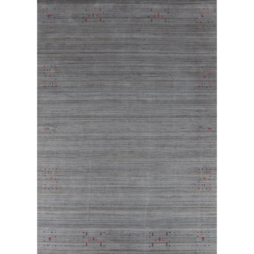 Hand Knotted Oriental 100% Wool Carpet Tribal Stripe Greys & Charcoal Gabbeh Area Rug - 12' 0'' X 9' 9''