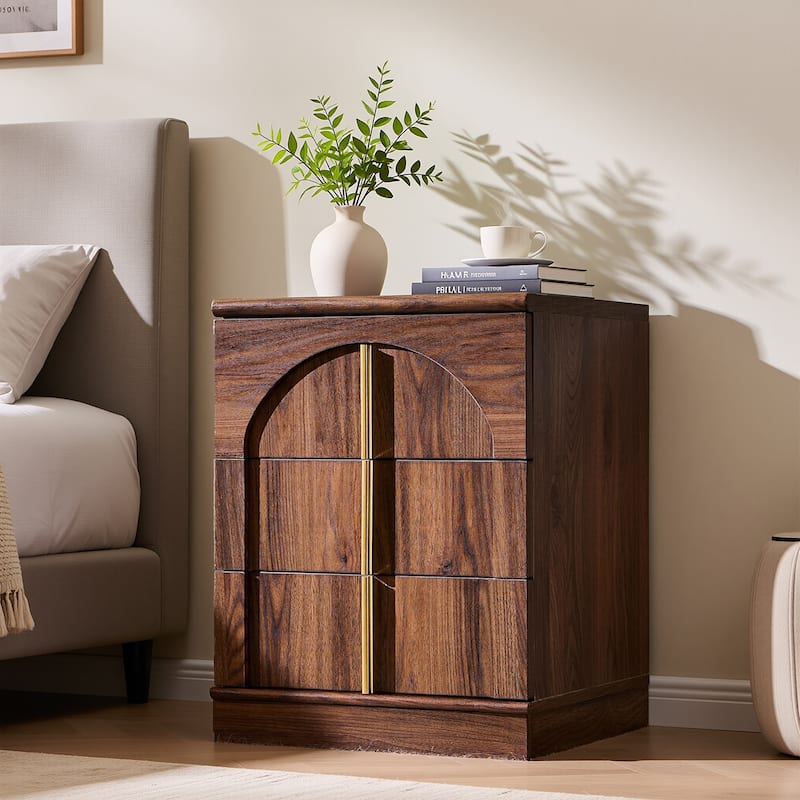Modern Arched 3 Drawers Nightstand with Charging Station, Side Table - Brown
