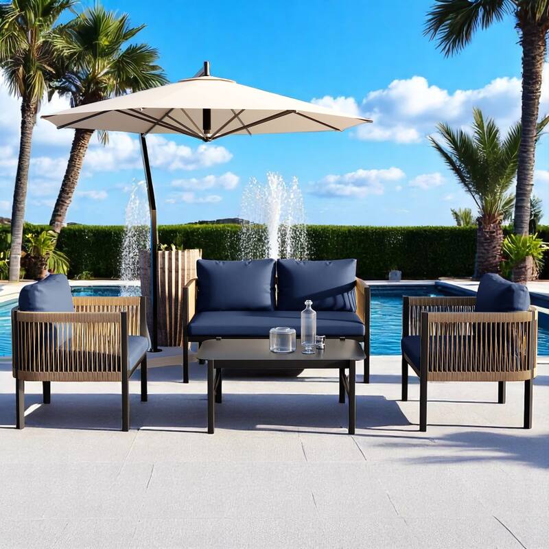 Modular Multi-Person Outdoor Sofa Set with Tempered Glass Table - Ideal for Garden, Backyard, and Balcony - Dark Blue