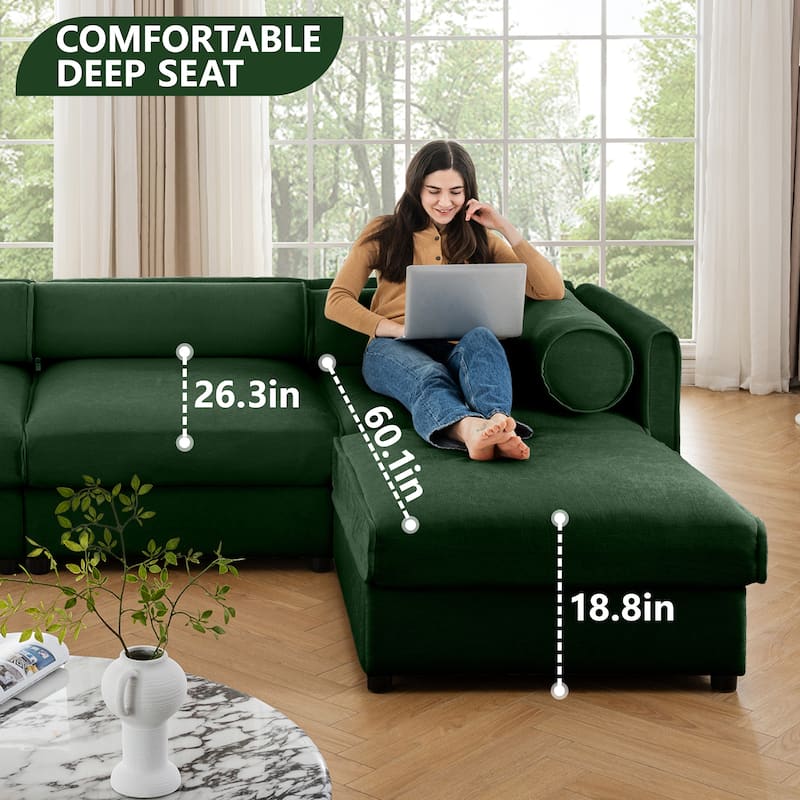 Chenille L-Shaped Sofa with Storage, 3-Seater Couch with Ottoman, Cylindrical Backrests & Armrests, Modern Modular Sofa