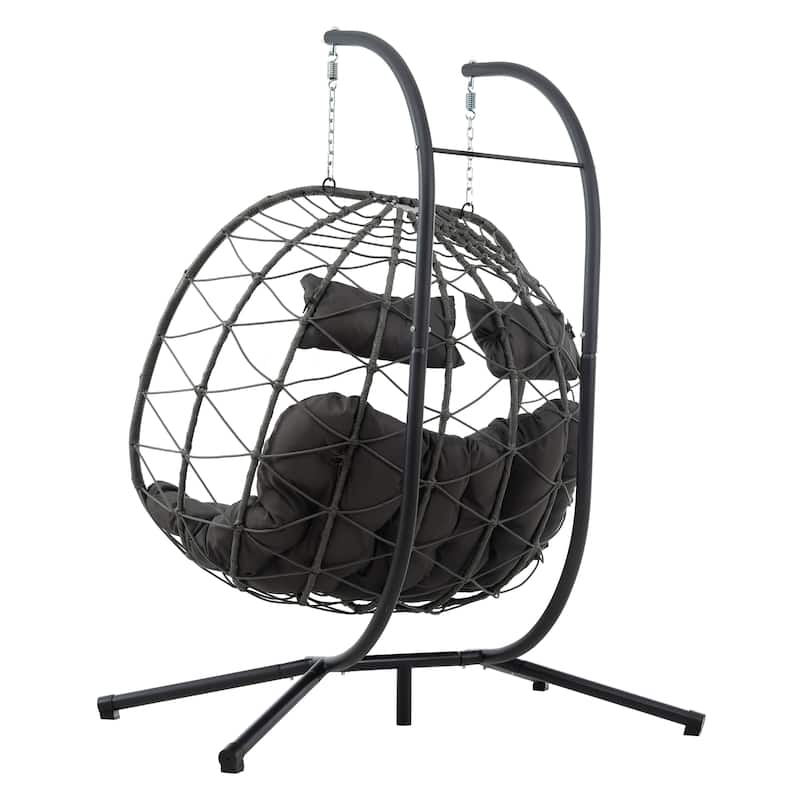 Steel Frame 2-Person Egg Chair with Stand and Outdoor Wicker Hanging Swing for Patio/Balcony