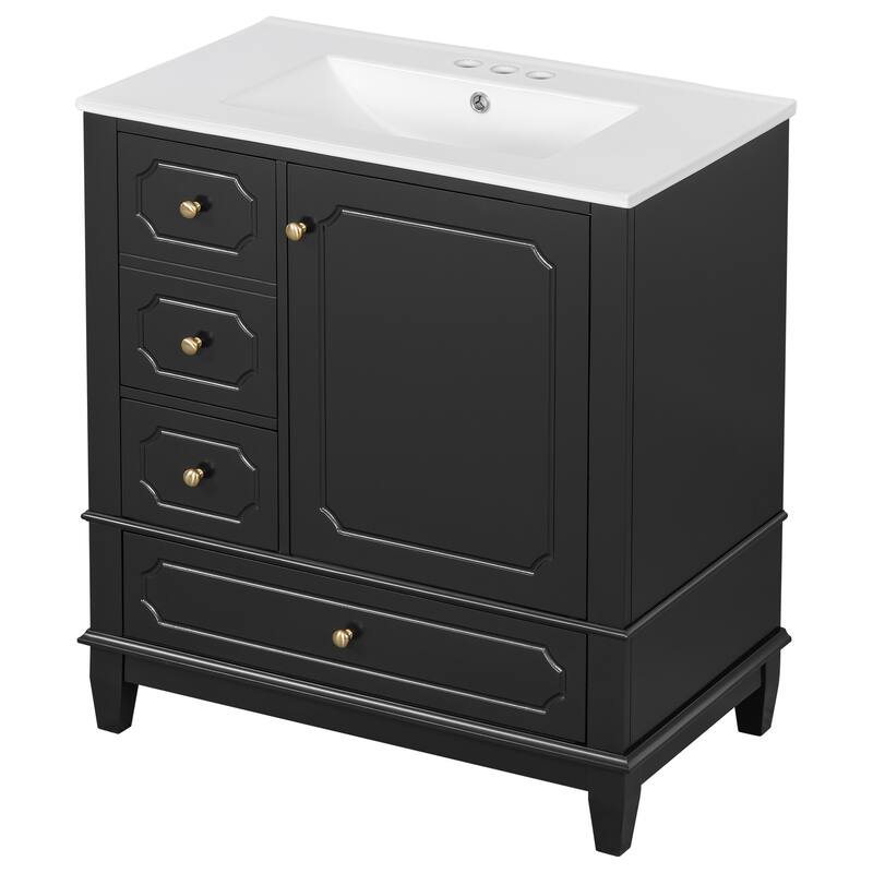 30" Bathroom Vanity With Sink, Freestanding Vanity Cabinet With Ceramic Basin, 3 Drawers, Storage Shelves Included