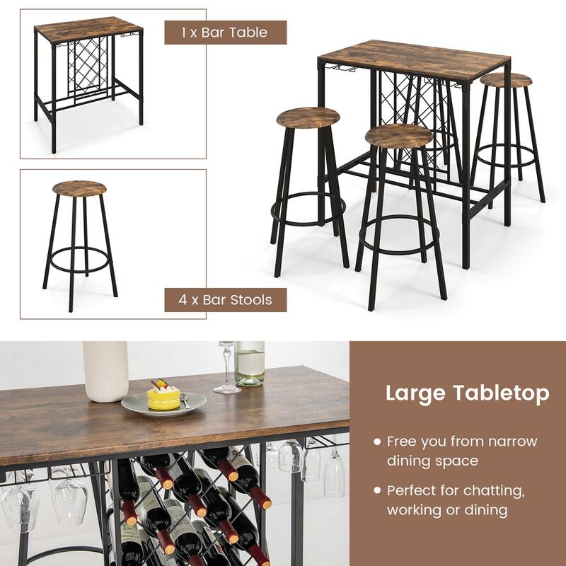 Costway 5PCS Bar Table & Stools Set Industrial Bistro Set with Wine